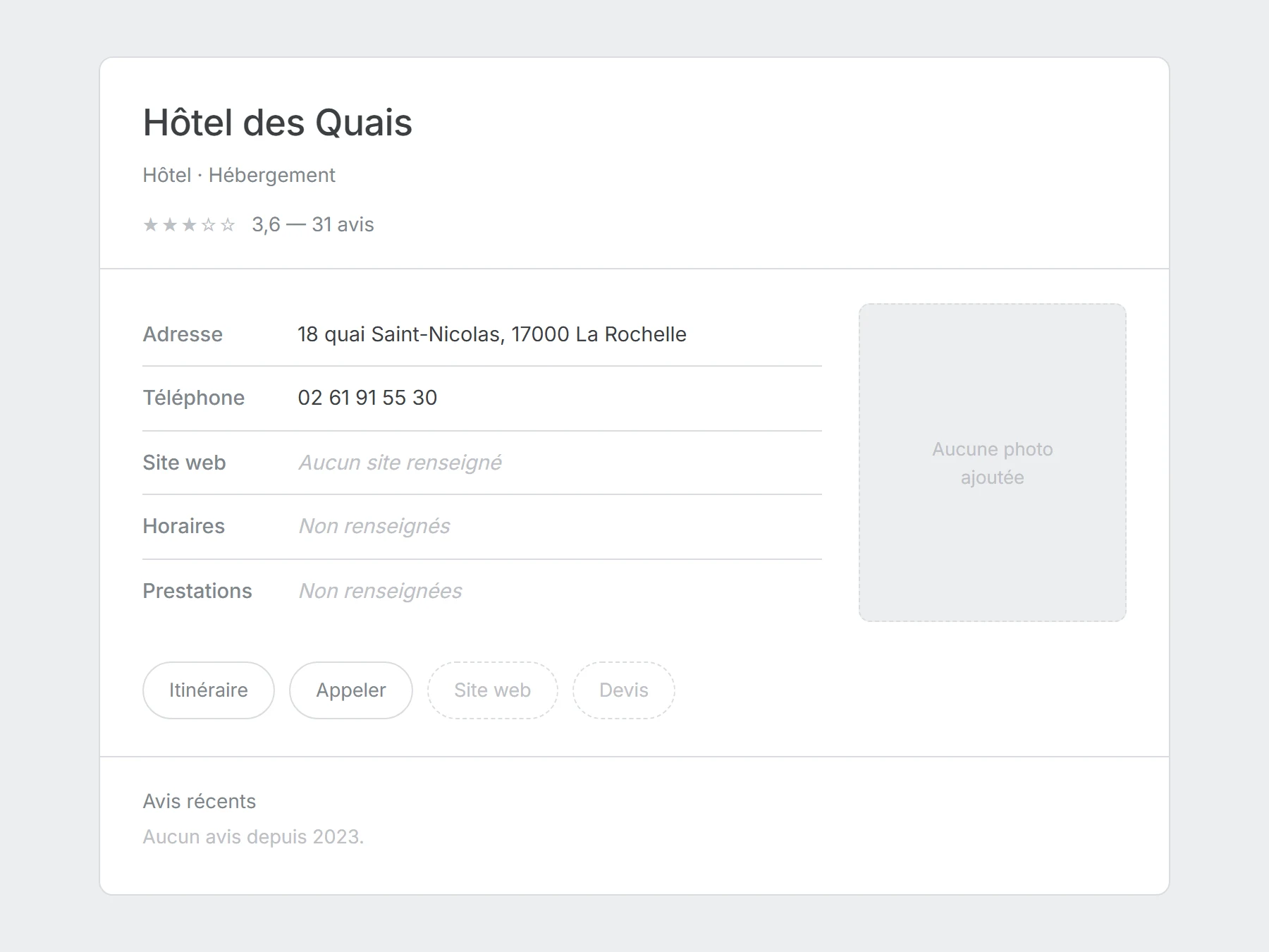 Fiche d'établissement d'un hôtel sans site internet : aucune chambre présentée, aucun tarif, aucune réservation directe