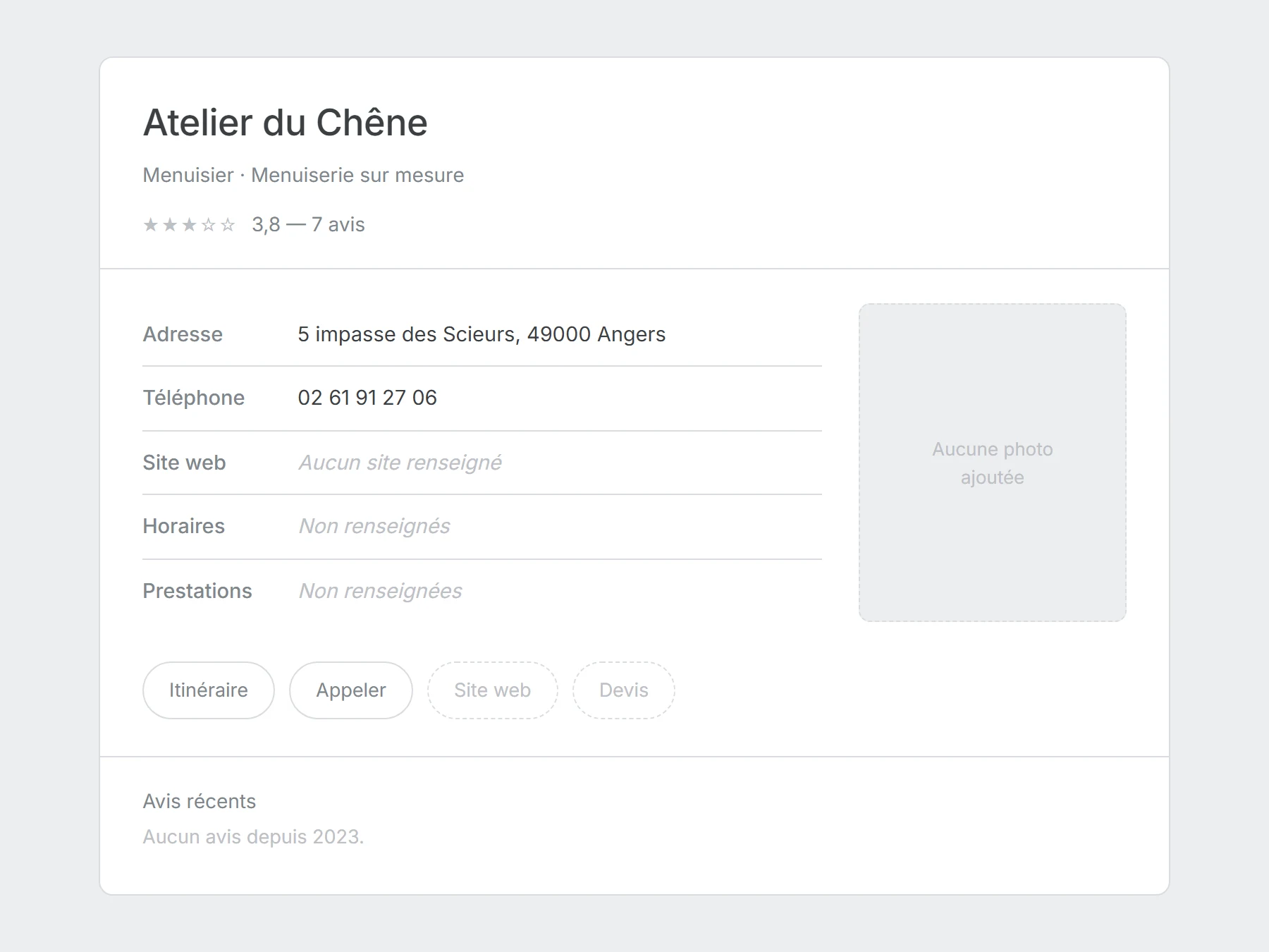 Fiche d'établissement d'un menuisier sans site internet : aucune galerie d'ouvrages, aucune photo