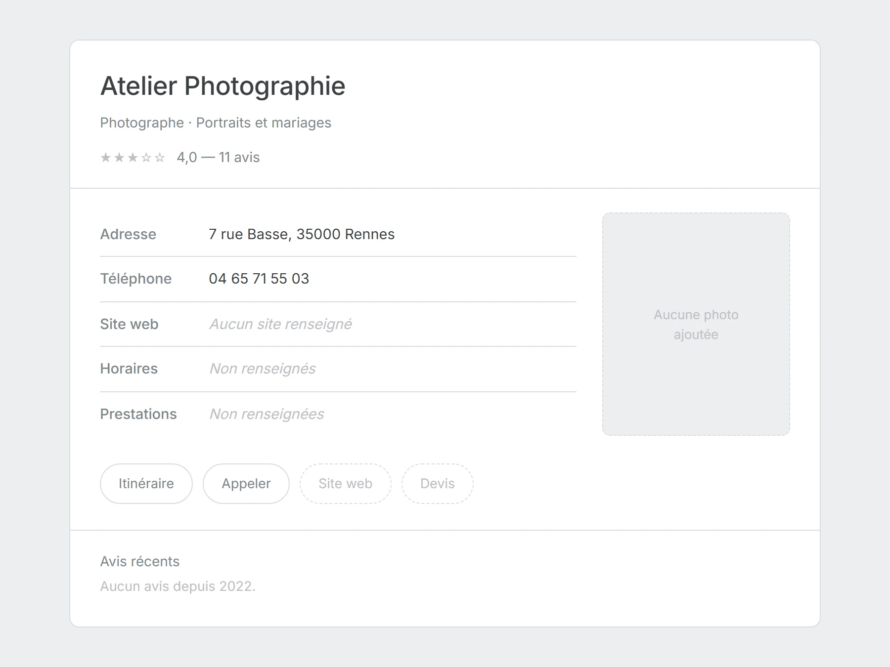 Fiche d'établissement d'un photographe sans site internet : aucune photo, aucune prestation, aucun tarif