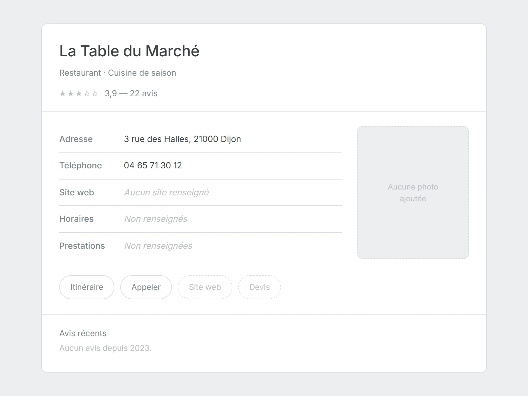 Fiche d'établissement d'un restaurant sans site internet : aucune carte, aucun horaire, aucune photo de salle