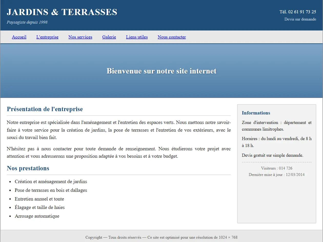 Site internet daté d'un paysagiste : largeur fixe, bandeau dégradé, compteur de visiteurs et dernière mise à jour en 2014
